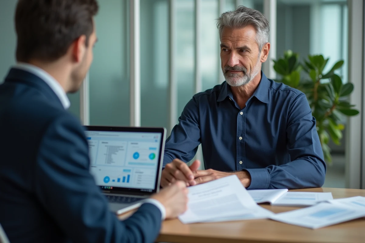 Homme discutant d'un contrat d'assurance vie avec un conseiller financier dans un bureau professionnel
