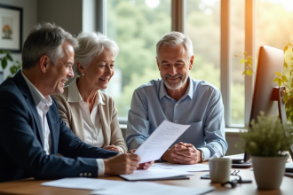 Conseiller financier avec couple souriant pour la retraite
