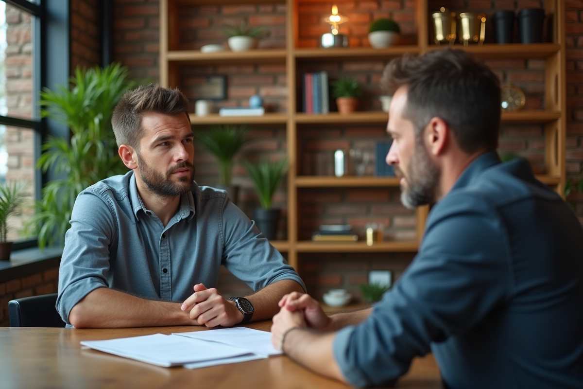 Homme en discussion avec un conseiller financier dans un bureau moderne