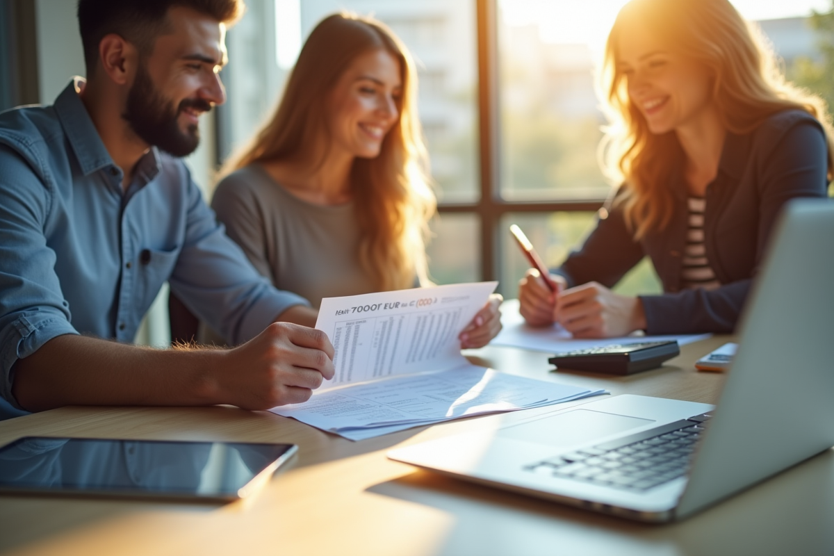 Conseiller financier montrant un contrat de pret à un couple