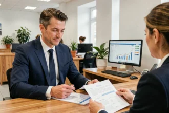 Conseiller financier de la Caisse d'Épargne présentant une SCPI en assurance vie à un client dans une agence bancaire moderne