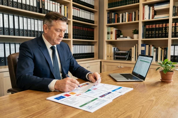 Conseiller financier analysant des documents fiscaux relatifs aux SCPI étrangères dans un bureau professionnel