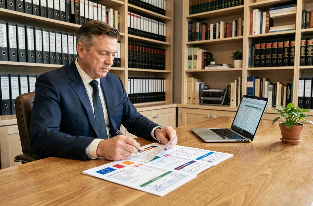 Conseiller financier analysant des documents fiscaux relatifs aux SCPI étrangères dans un bureau professionnel