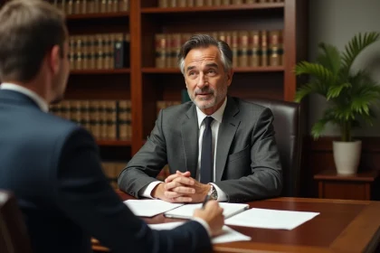 Un conseiller juridique en costume gris rencontre un client dans un bureau avec des étagères remplies de livres de droit, préparation d'un rendez-vous juridique avec Intrum