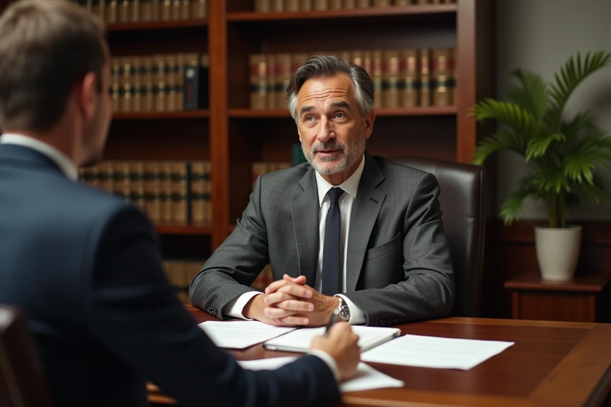 Un conseiller juridique en costume gris rencontre un client dans un bureau avec des étagères remplies de livres de droit, préparation d'un rendez-vous juridique avec Intrum