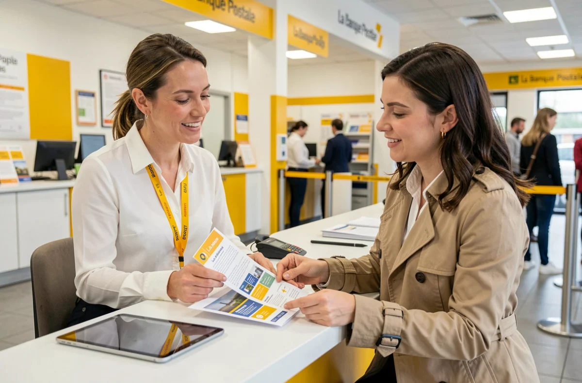 Conseillère de La Banque Postale expliquant des documents à une cliente lors d'un premier rendez-vous