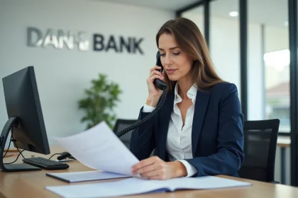 Conseillère bancaire de La Banque Postale au téléphone pour renseigner un client sur un crédit ou une assurance