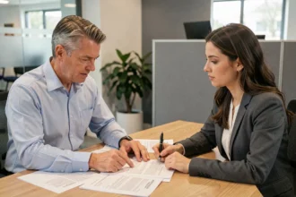 Homme en chemise bleue consultant un conseiller bancaire pour son assurance emprunteur immobilier