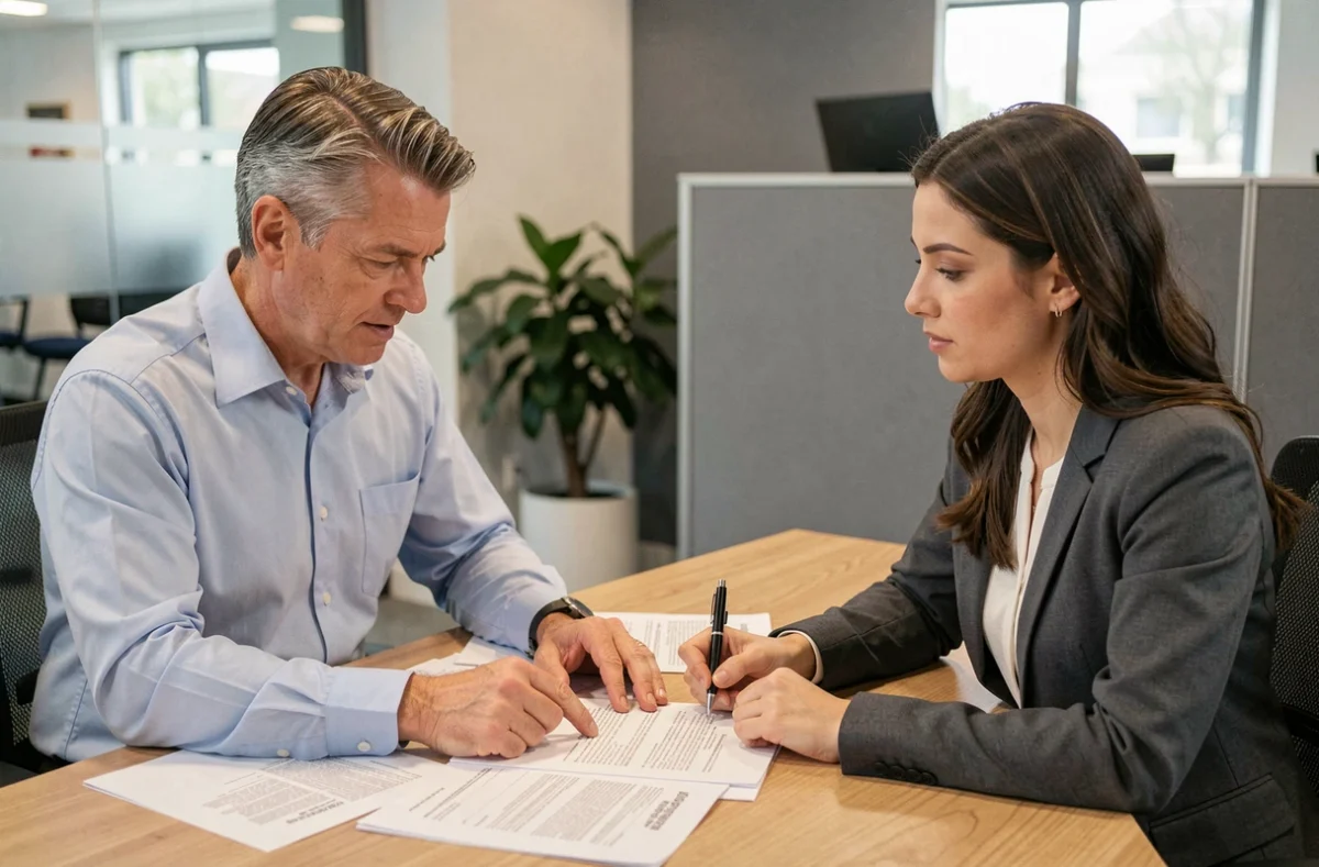 Homme en chemise bleue consultant un conseiller bancaire pour son assurance emprunteur immobilier