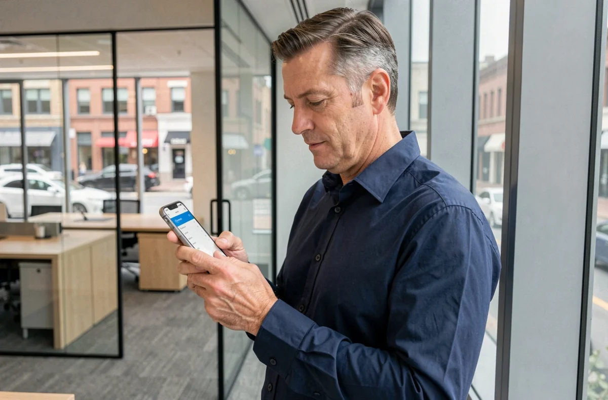 Homme consultant son compte CA PCA sur smartphone dans un bureau moderne en milieu urbain