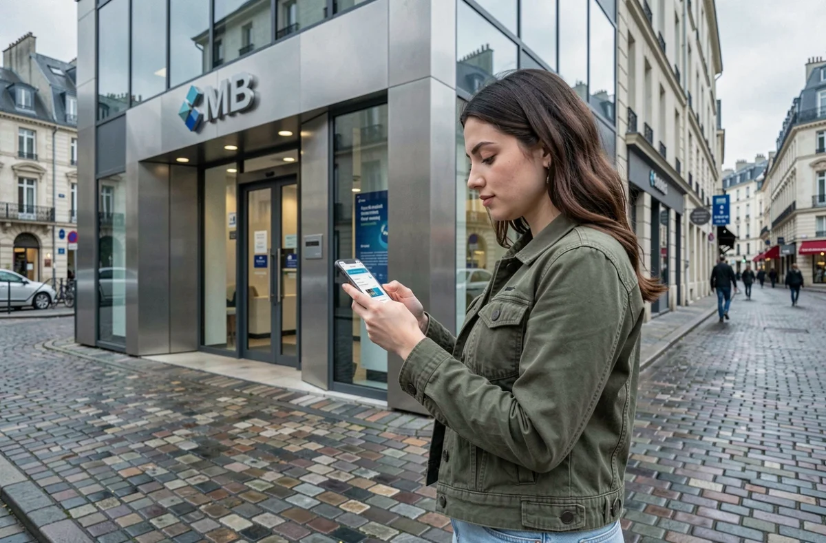 Jeune femme consultant les options de sa carte CMB Bretagne sur smartphone devant une agence bancaire