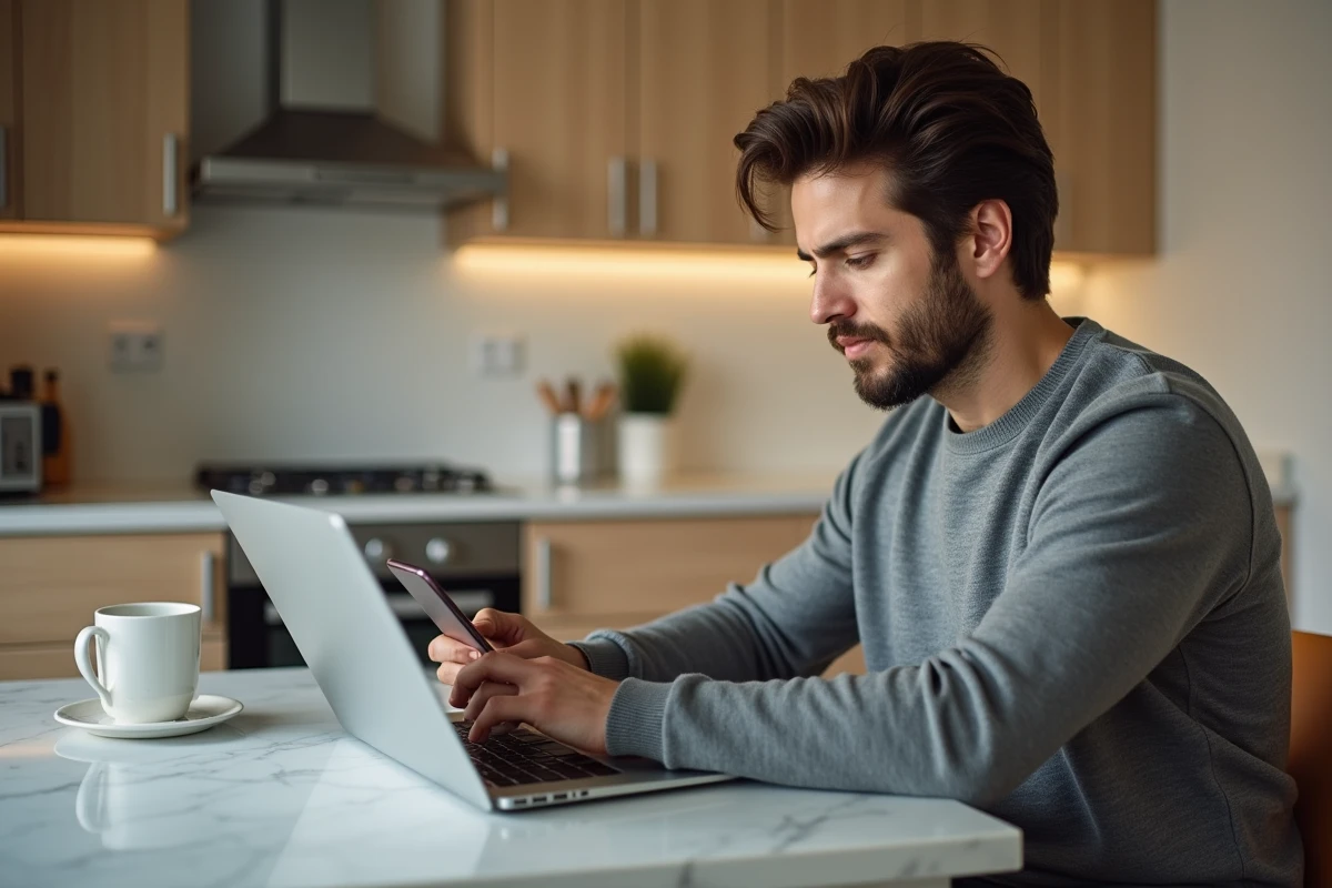 Homme contactant La Banque Postale en ligne depuis chez lui pour gérer son épargne ou souscrire un crédit
