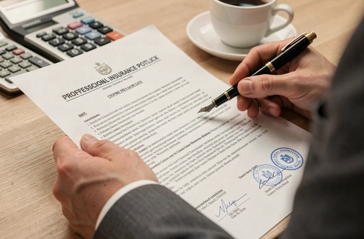 Contrat d'assurance responsabilité civile professionnelle avec stylo et calculatrice sur un bureau