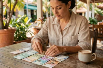 Femme expatriée comparant des francs pacifiques et des euros sur une terrasse de café en Polynésie française