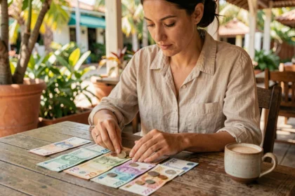 Femme expatriée comparant des francs pacifiques et des euros sur une terrasse de café en Polynésie française