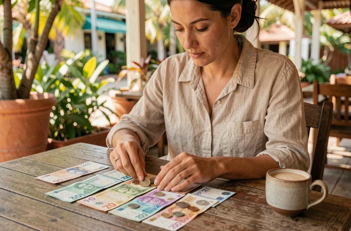 Femme expatriée comparant des francs pacifiques et des euros sur une terrasse de café en Polynésie française