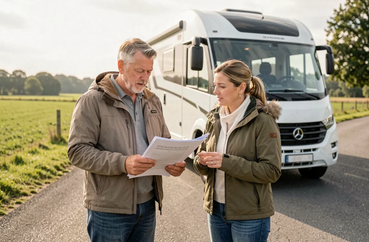 Couple de quinquagénaires consultant des documents d'assurance camping-car au bord d'une route de campagne