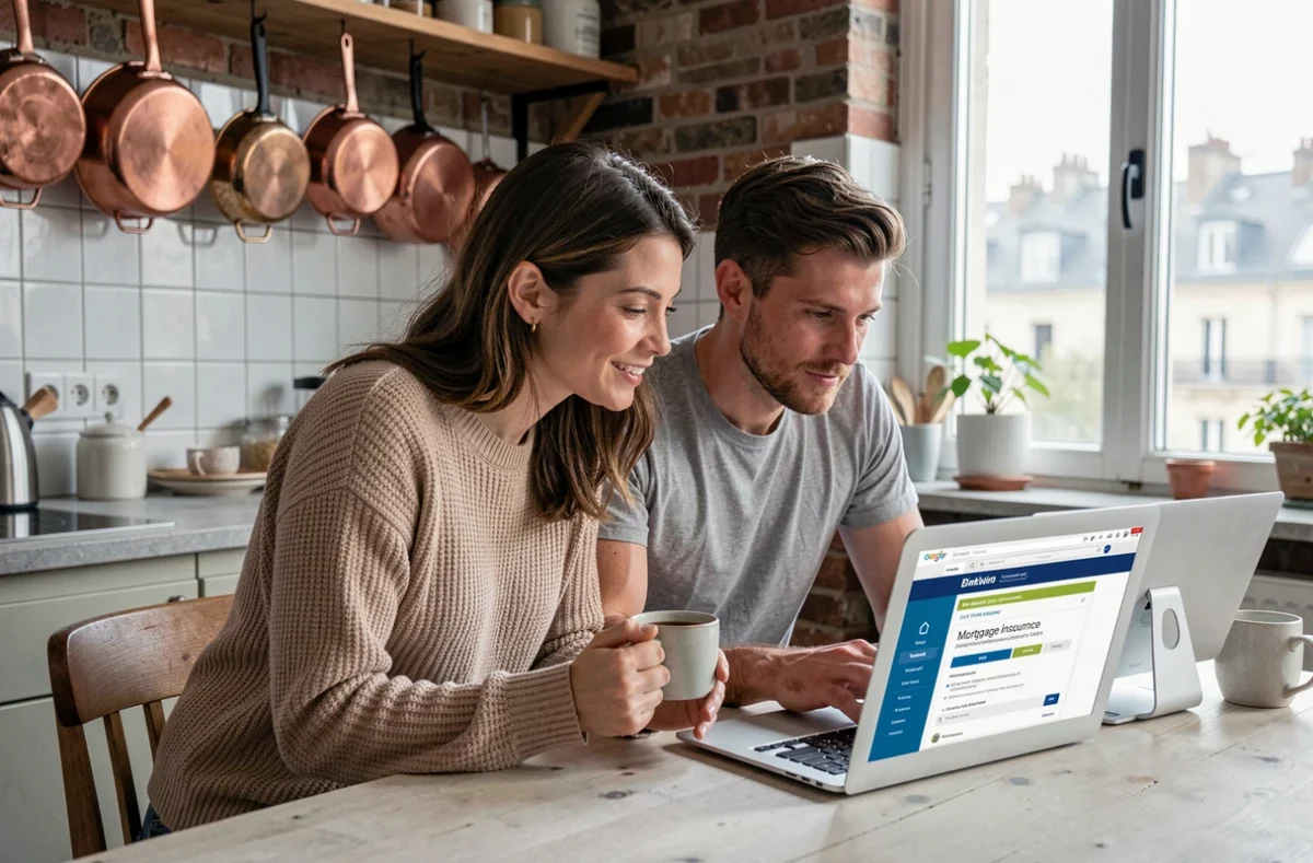 Couple comparant les taux d'assurance emprunteur immobilier sur ordinateur à domicile