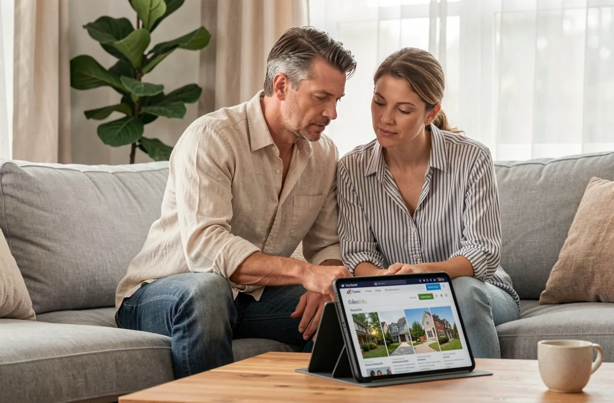 Couple consultant un site de SCPI en ligne dans leur salon pour un investissement immobilier