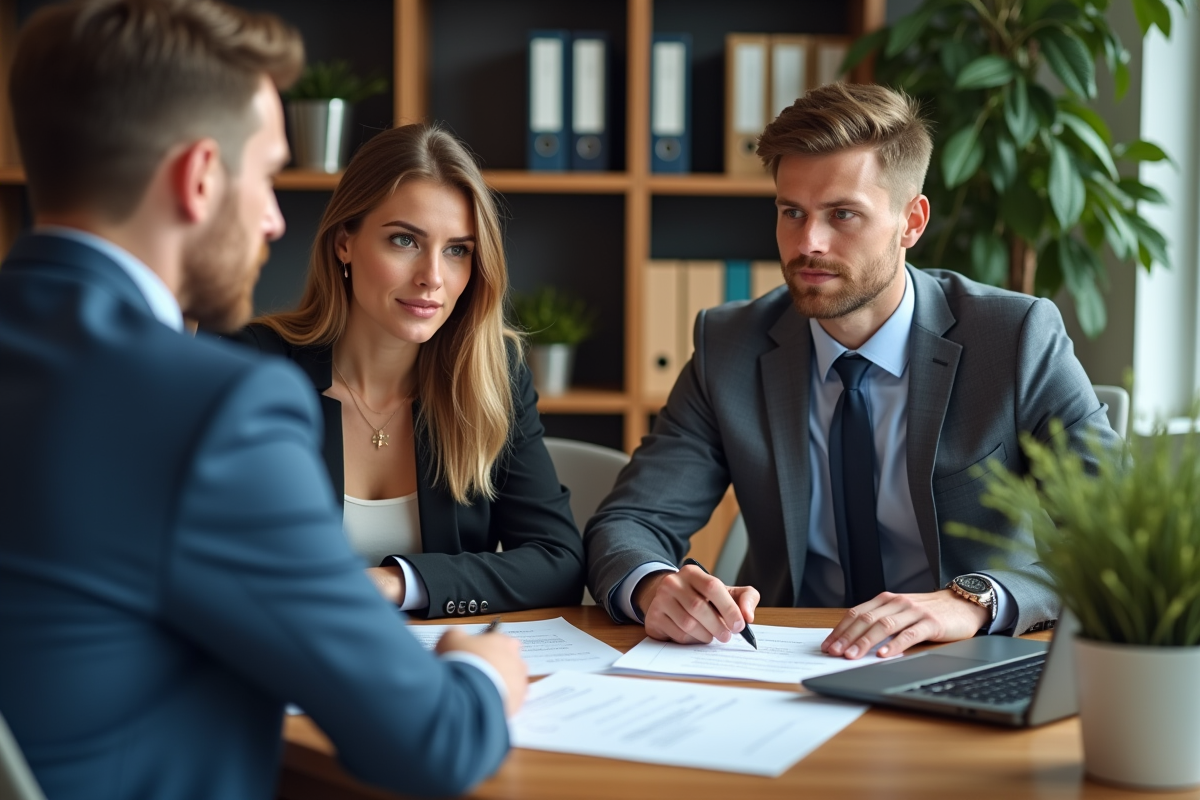 Jeune couple en réunion avec conseiller bancaire