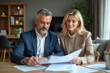 Couple en tenue élégante examinant des documents immobiliers dans un bureau moderne
