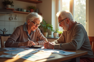 Couple de seniors français examinant des documents financiers