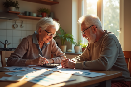 Couple de seniors français examinant des documents financiers