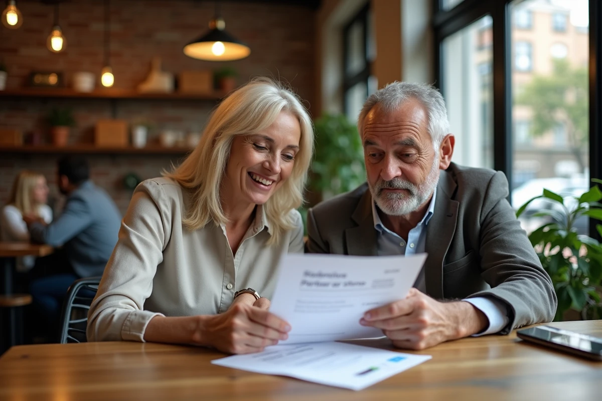 Couple consultant la liste des enseignes Kadéos autour d'une carte cadeau posée sur une table de café
