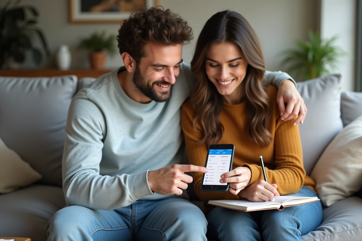Couple consultant une application Boursorama pour investir en ETF via PEA depuis leur salon