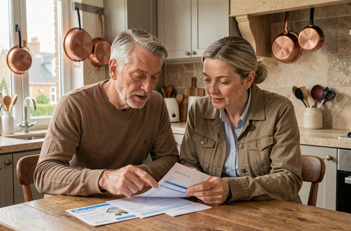 Couple quinquagénaire étudiant ensemble un placement en SCPI via assurance vie autour de la table de cuisine