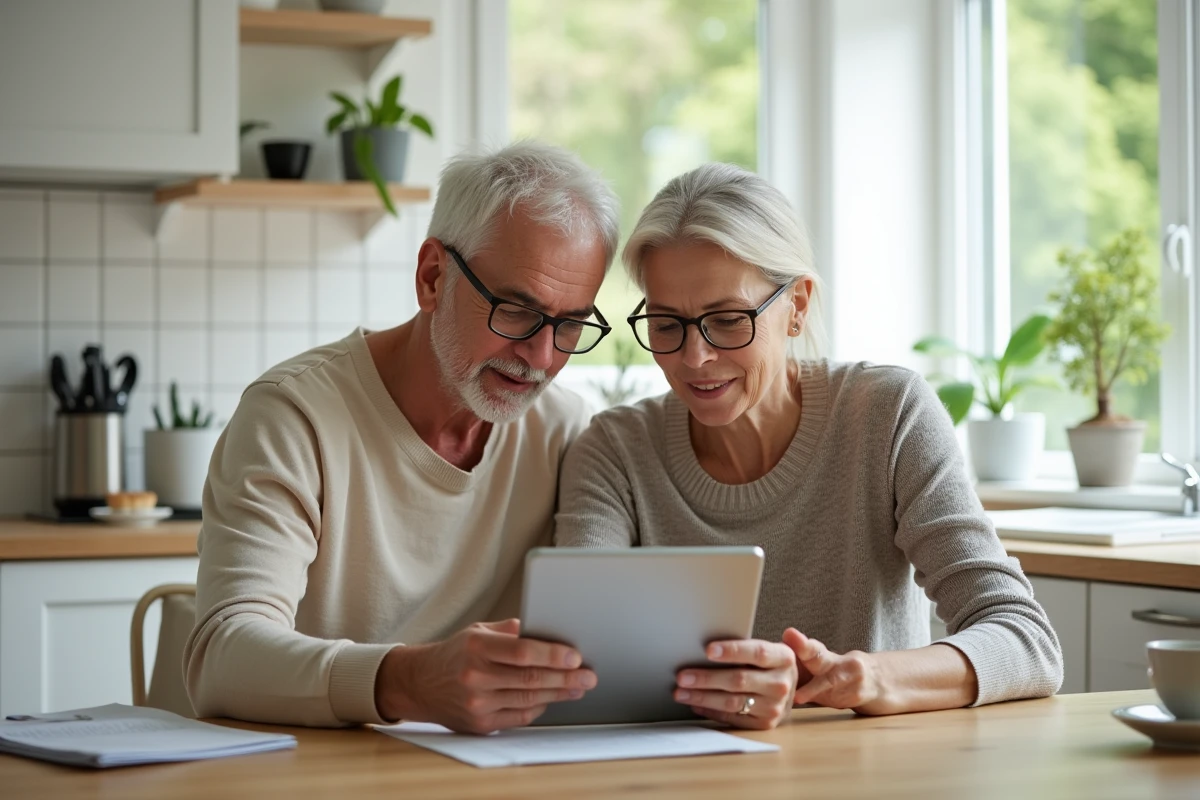 Couple de seniors examinant ensemble un relevé d'assurance vie sur une tablette dans leur cuisine