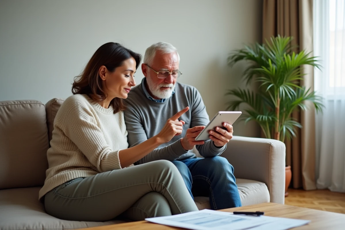 Couple consultant une simulation d'aides CAF sur tablette en lien avec leurs revenus de placement