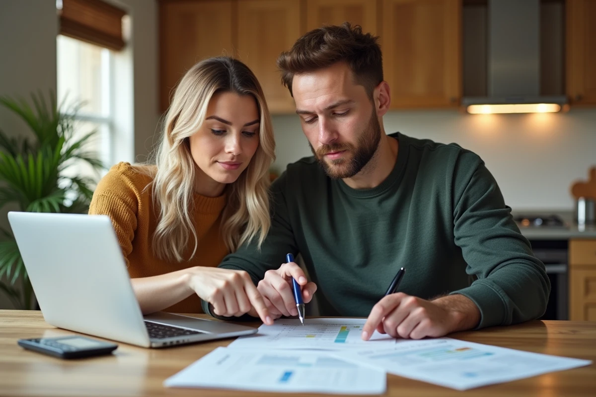 Couple examinant une simulation de crédit immobilier sur ordinateur portable à la table de cuisine avec des documents de prêt