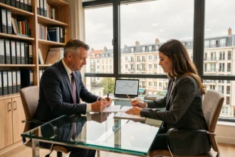 Courtier en assurance emprunteur conseillant un client dans un bureau moderne des Pays de la Loire