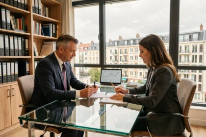 Courtier en assurance emprunteur conseillant un client dans un bureau moderne des Pays de la Loire