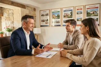 Courtier en crédit immobilier conseillant un couple dans un bureau professionnel du Vaucluse