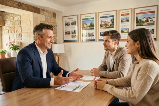 Courtier en crédit immobilier conseillant un couple dans un bureau professionnel du Vaucluse