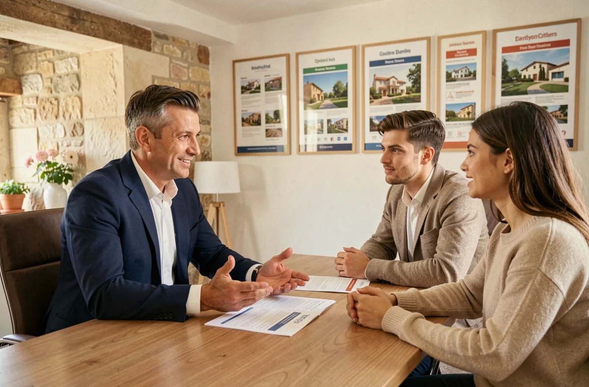 Courtier en crédit immobilier conseillant un couple dans un bureau professionnel du Vaucluse