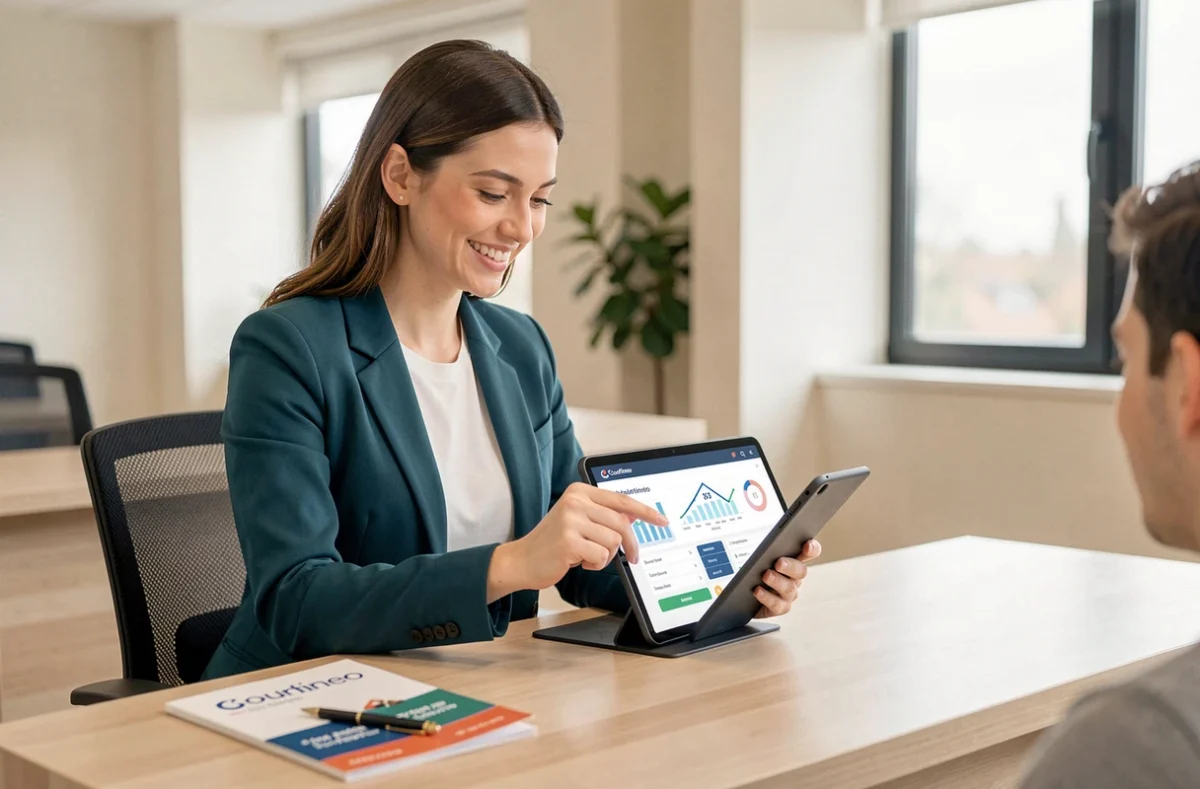 Courtière Courtineo accompagnant un jeune couple dans leur demande de crédit immobilier via tablette