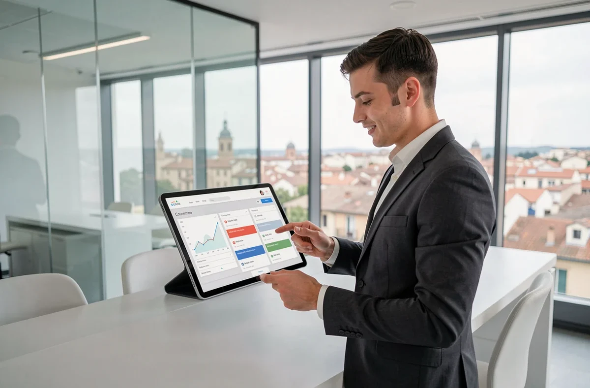 Conseiller Courtineo présentant une comparaison numérique de prêts immobiliers sur tablette