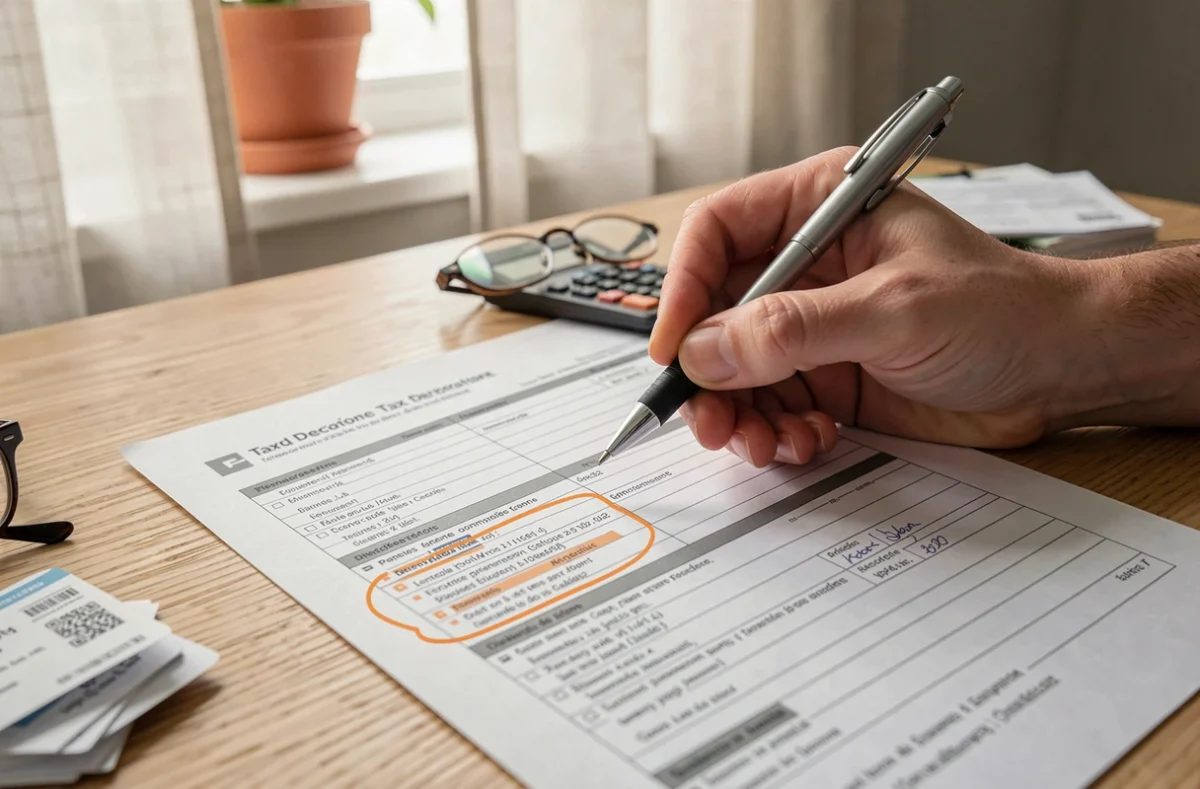 Gros plan sur une déclaration fiscale française avec un stylo et des reçus, symbolisant la vérification des erreurs courantes dans les démarches fiscales