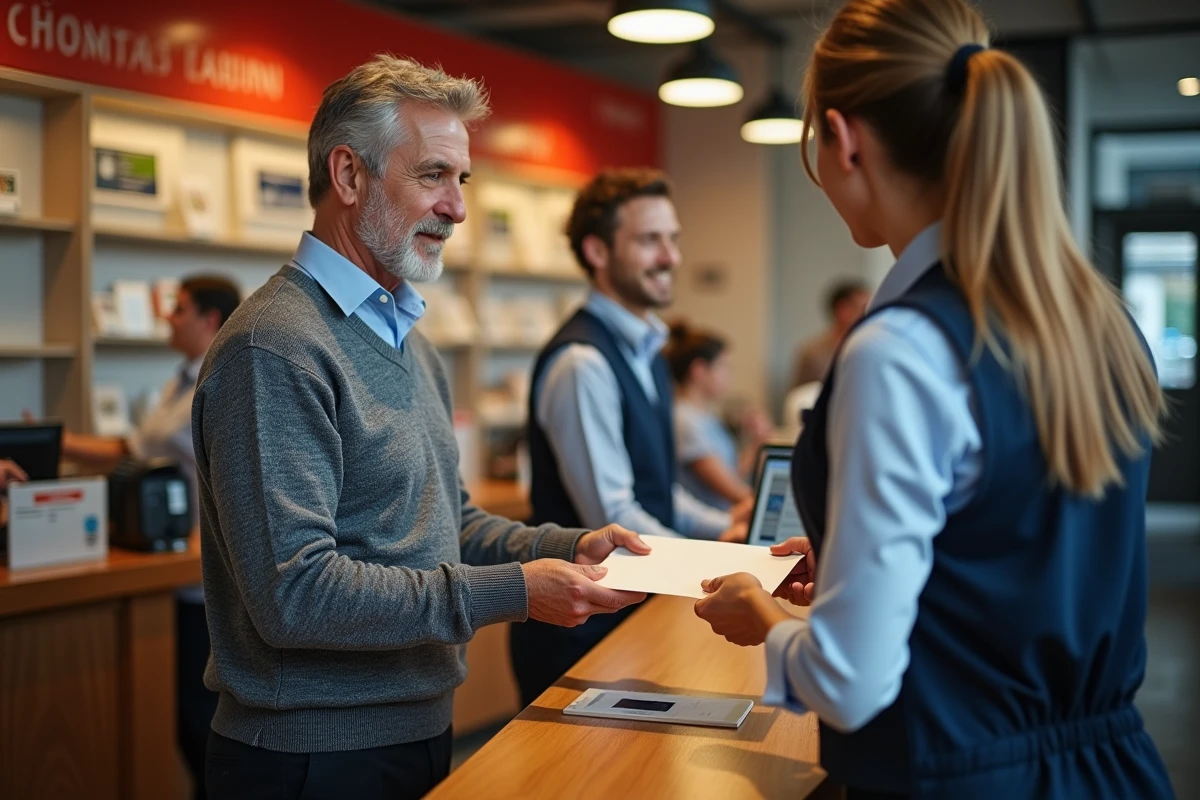 Homme déposant une lettre recommandée au guichet de la poste pour ACM IARD SA