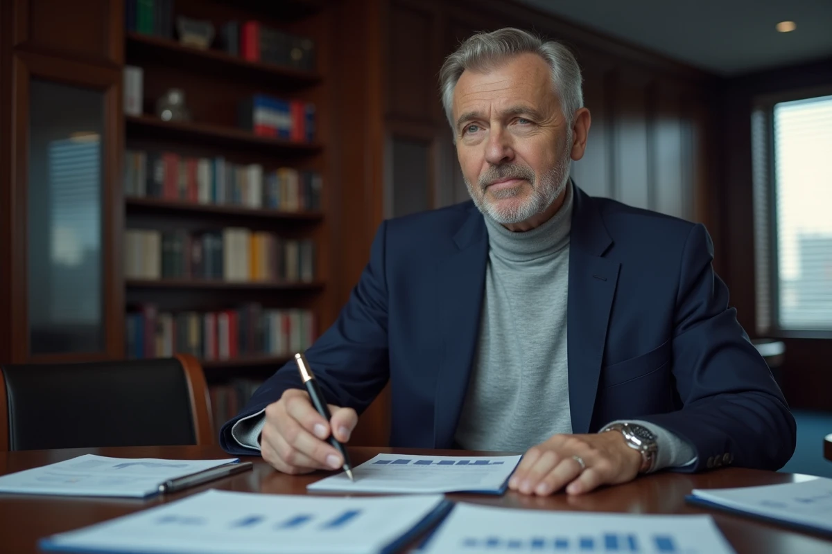 Dirigeant d'entreprise assis à une table de conférence entouré de rapports financiers illustrant une fortune estimée