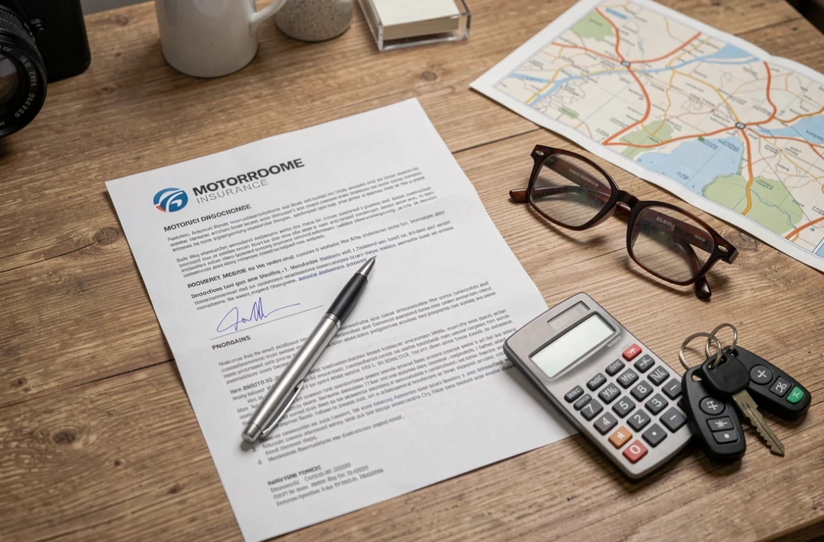 Documents de contrat d'assurance camping-car avec calculatrice et stylo sur un bureau en bois