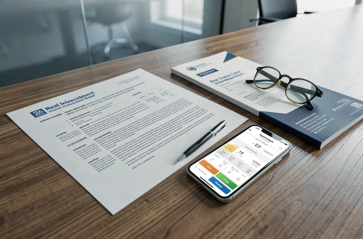 Documents de SCPI et contrat d'assurance vie posés sur un bureau professionnel avec smartphone et lunettes