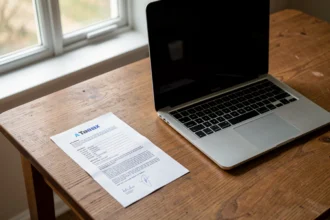Dossier fiscal et ordinateur portable posés sur un bureau