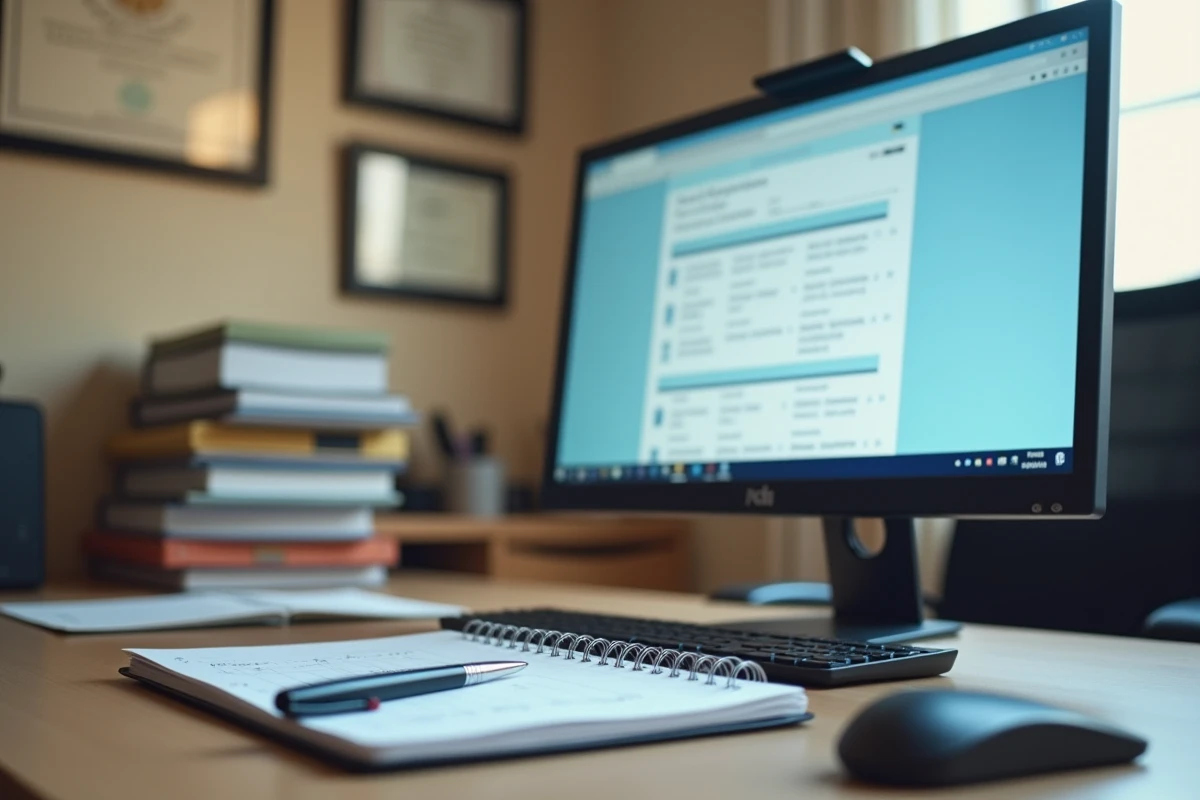 Écran d'ordinateur affichant un formulaire de déclaration d'impôt français avec des calculs manuscrits dans un bureau comptable, simulateur 2026