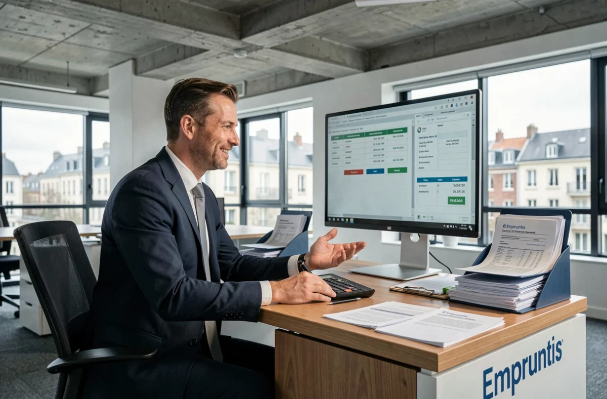 Conseiller Empruntis Nantes simulant des offres d'assurance de crédit immobilier sur ordinateur