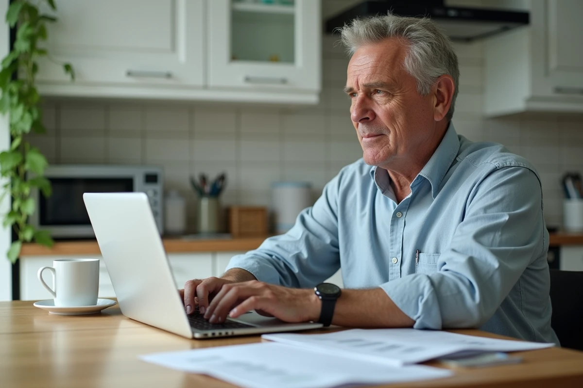 Enseignant en fin de carrière consultant sa simulation de retraite sur ordinateur à domicile