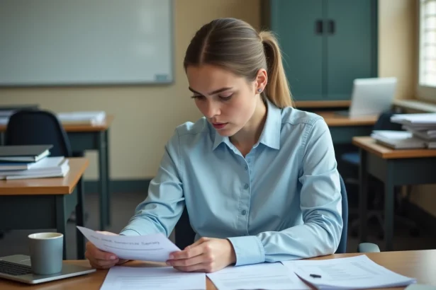 Jeune enseignante néotitulaire qui examine son bulletin de salaire dans la salle des professeurs